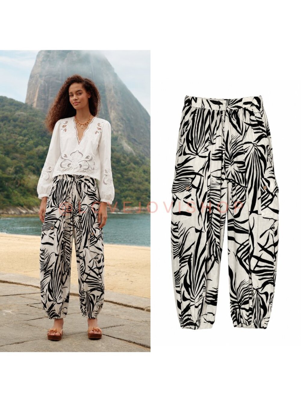 Resort | Rachel Zoe Linen Joggers | Black White Tropical Floral Print | Cargo S